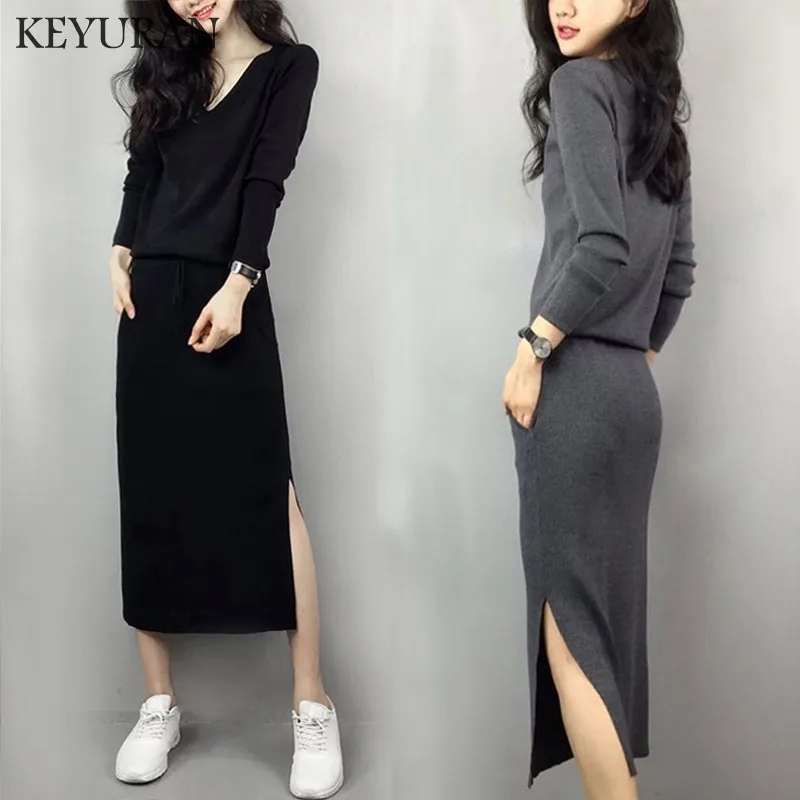

elegant Long sleeve OL V-neck long Sweater dress women Thick knit Autumn Winter dress female Slim Step basic dress casual 2019
