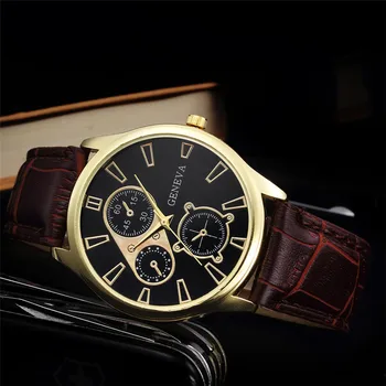 

Gold Men Watch Retro Design Leather Band Clock Three Eyes Analog Alloy Quartz Wrist Watches Relogio masculino montre homme Gift