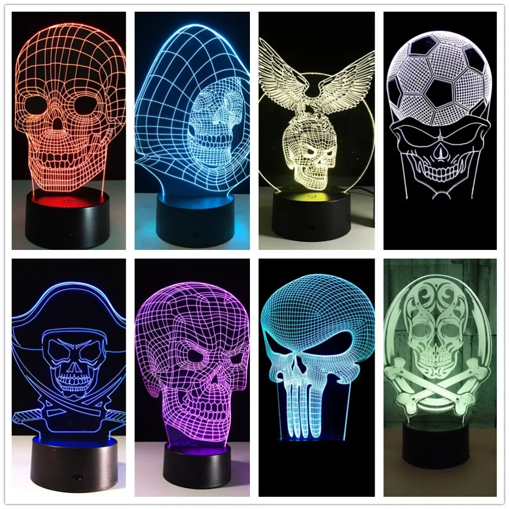 

3D Table Lamp 8 Styles Skull Model Novelty Lighting 7 Colors Lampada Remote Touch Swith Led Night Light For Gifts