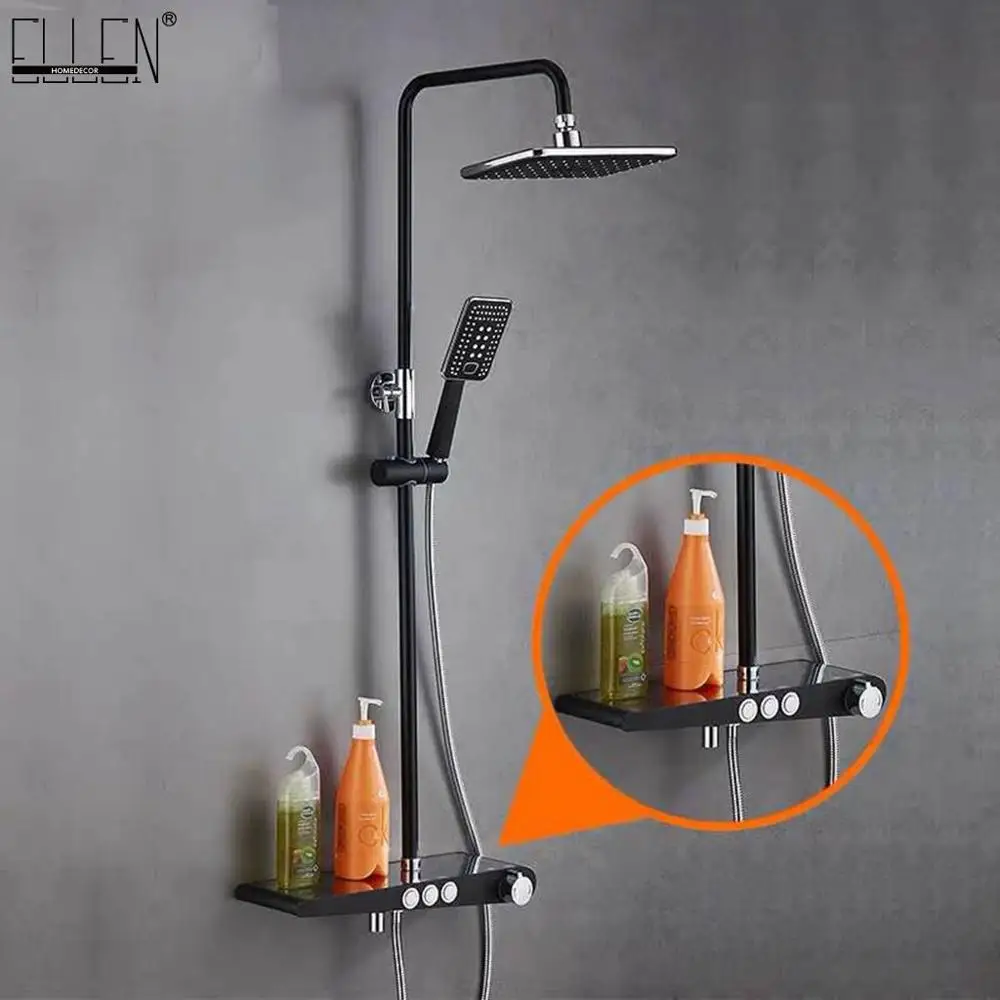 

Black Thermostatic Rain Shower Faucet Set Wall Rainfall Shower Faucets Storage Bath Mixer Tap Hot Cold with Hand Shower EL3902
