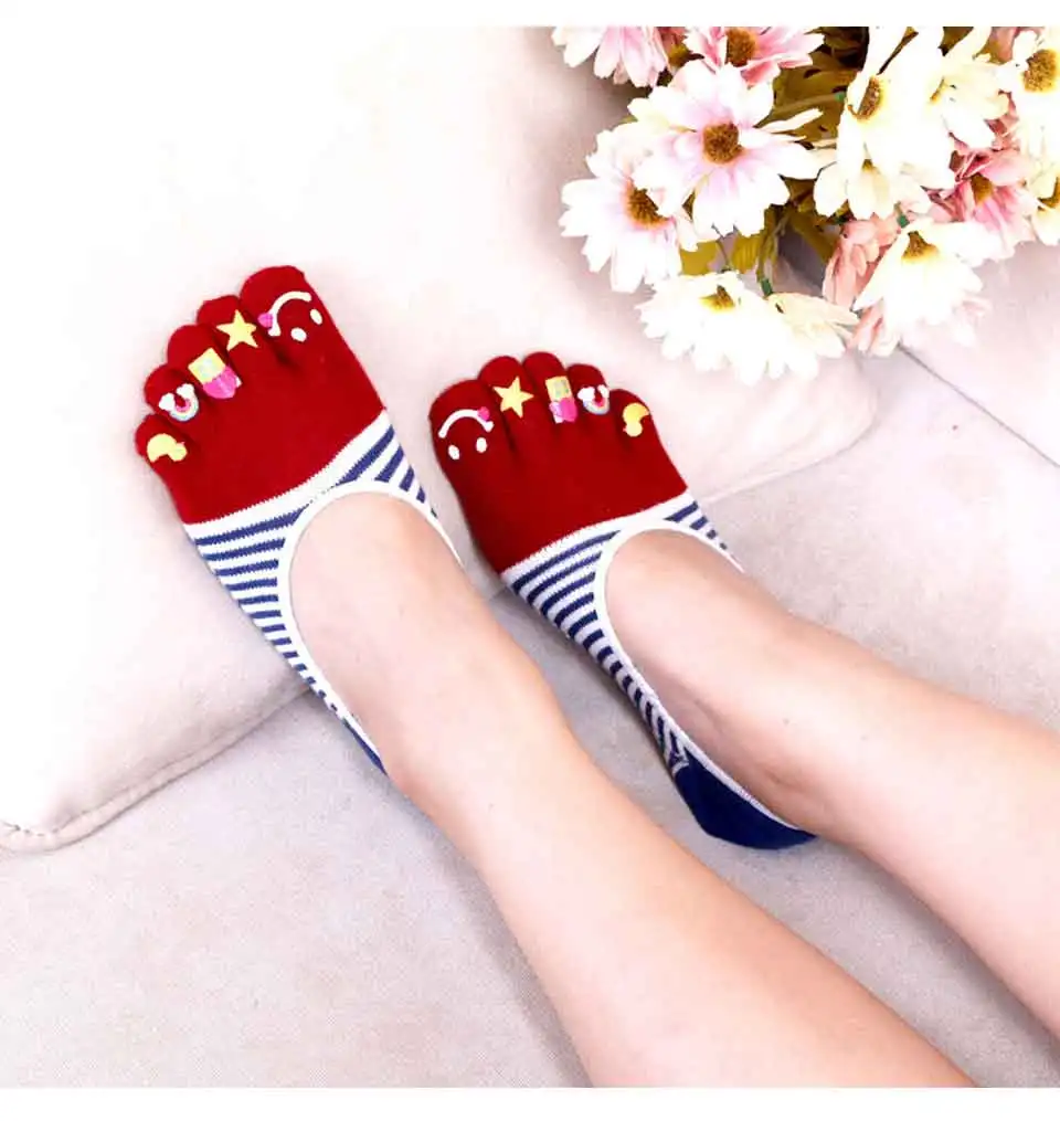 Spring And Summer Women's Cute Japanese Five-Finger Cartoon Smiley Thin Horizontal Tide Female Shallow Mouth Invisible Boat Sock (11)