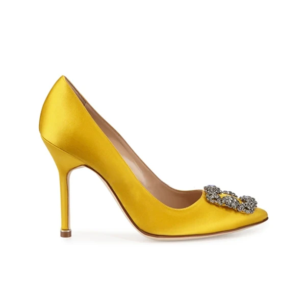 KALMALL/элегантные туфли-лодочки с острым носком на высоком каблуке 10 см; женская обувь; слипоны; Tacones Mujer; свадебные туфли на квадратном каблуке с пряжкой и кристаллами - Цвет: yellow