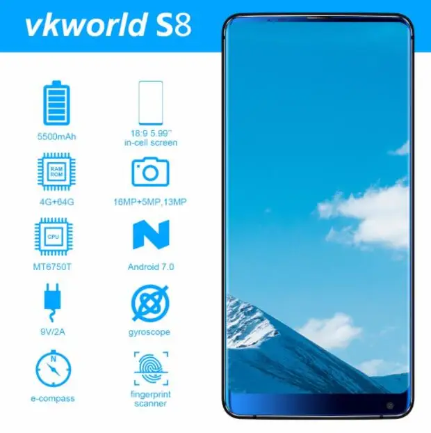 Free Case VKworld S8 4G FDD 5.99 Inch 18:9 MTK6750T Octa Core 4GB 64GB Mobile Phone 16MP Dual Camera Face ID Fingerprint 5500mAh|octa core|mobile