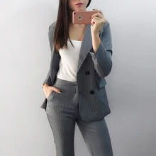 Work Pant Suits 2 Piece Sets Double Breasted Striped Blazer Jacket & Zipper Pant Office Lady Suit Women Outfits Autumn