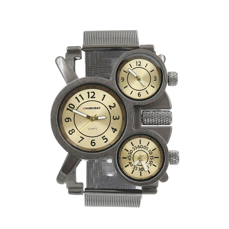 new arrival unique design three time zones quartz watches for men military style steel mesh watchband free shipping (4)