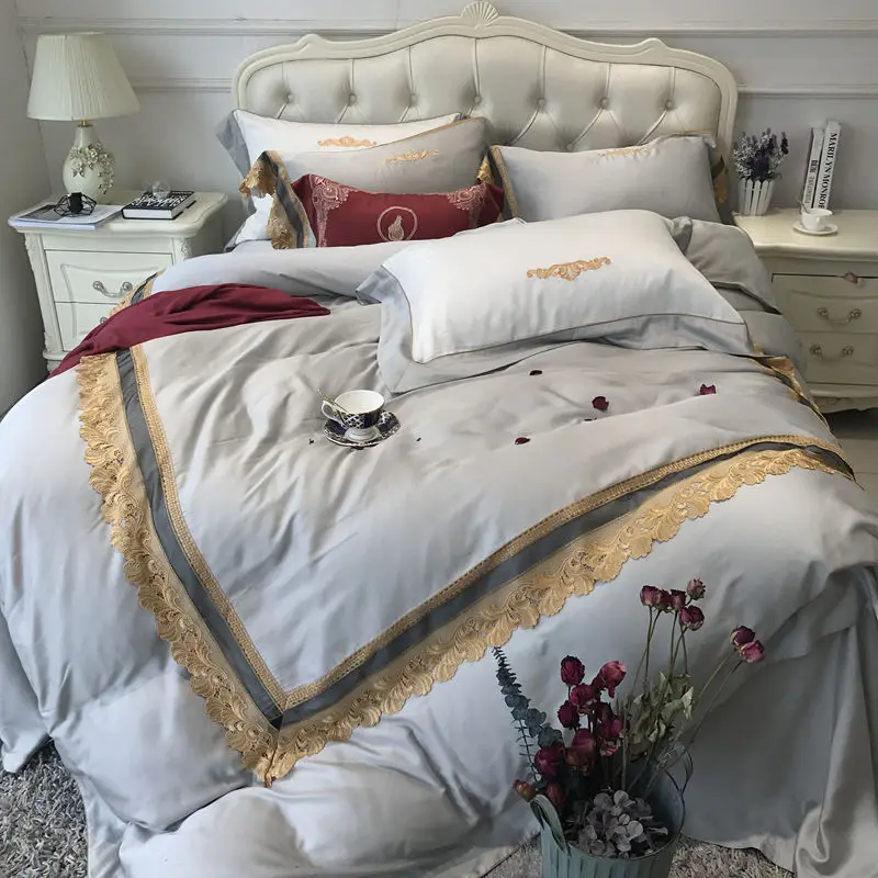 

4/6/7Pcs Luxury Tencel Embroidered Nobility style Bedding Set Silky smooth Duvet cover set Bedsheet Pillowcases Queen King Size