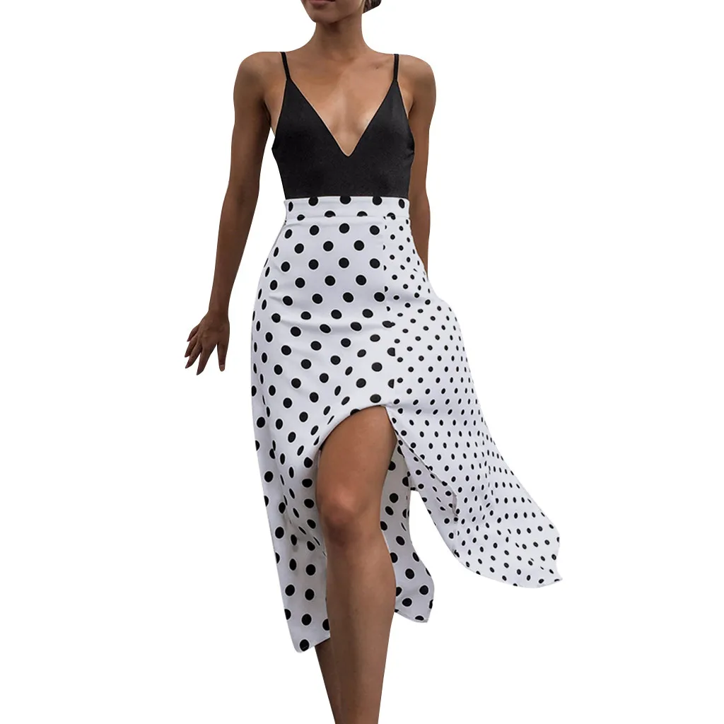 

Women's split High waist skirt Falda de cintura dividida con estampado de lunares Jupe fendue a la taille#YL-25