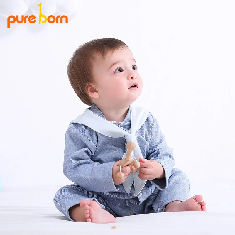 Pureborn Baby Boy Romper Long Sleeve Sailor Collar Cotton Newborn Baby