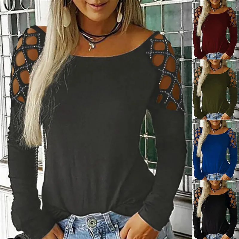 

Fashion Women Crew Neck Hollow-Out Studded Long Sleeve T Shirts Casual Tops