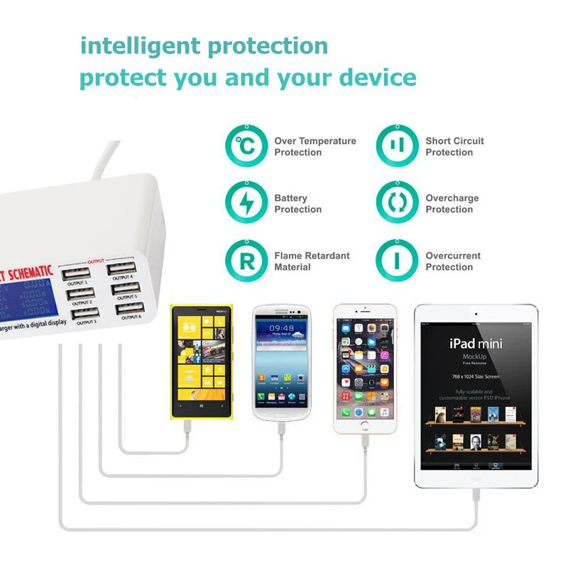 IPUMYNO 6 портов USB зарядное устройство 30 Вт ЖК дисплей в режиме реального времени