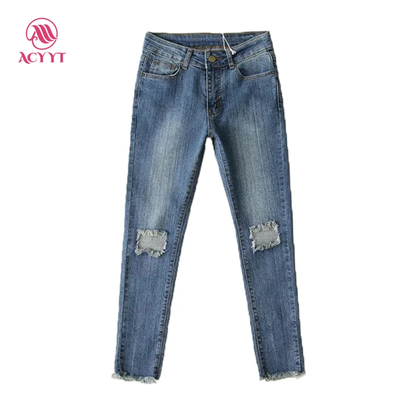 La Maxpa 2017 Hot Sale Real Zipper Fly Washed Stripe Pencil Pants Mid Hole Cotton Regular Light Jeans Woman Are The Female |