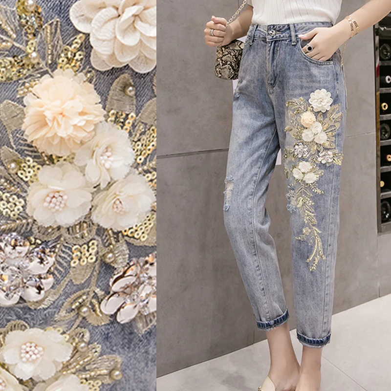 

Summer Spring Fashion Womens Lady High Waisted Sequined Beading Flower Denim Harem Pants , Embroidery Jeans Trousers For Woman