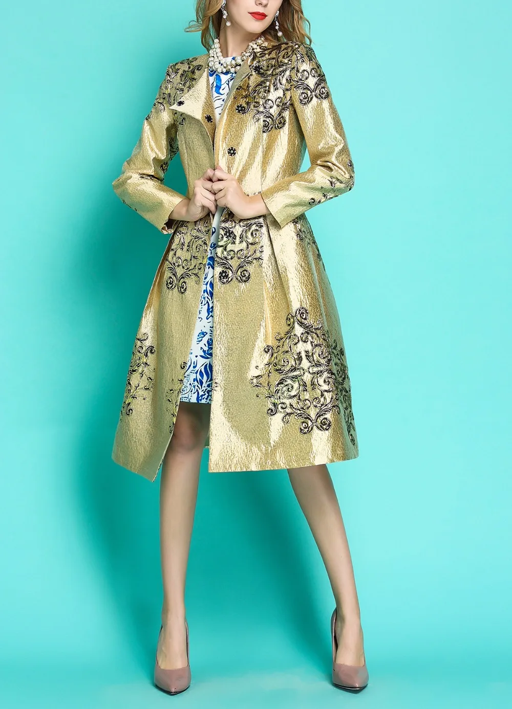 Роскошная модель года, весенне-осенний женский длинный жаккардовый Тренч с 3D рисунком, элегантный винтажный плащ с пуговицами и рюшами, ветровка B1137