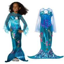Girls Ariel Cosplay Costume Children The Little Mermaid Dress Transparent Long Sleeve Kids Halloween Party Fancy Sequined Gown Girls Ariel Cosplay Costume Children The Little Mermaid Dress Transparent Long Sleeve Kids Halloween Party Fancy Sequined Gown