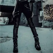 InstaHot готический панк женские узкие брюки со шнуровкой осенние Имитация молнии карман эластичные вверх брюки обтягивающие длинные брюки Винтаж