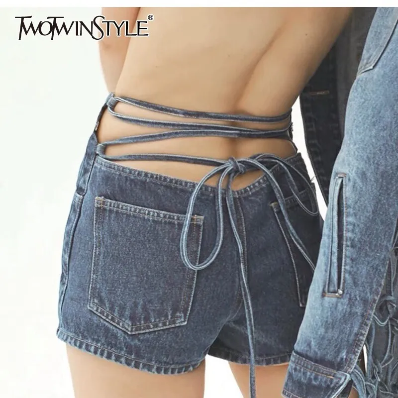 

TWOTWINSTYLE Back Bandage Denim Shorts High Waist Large Size Mini Jeans Female Summer 2019 Streetwear Fashion Tide