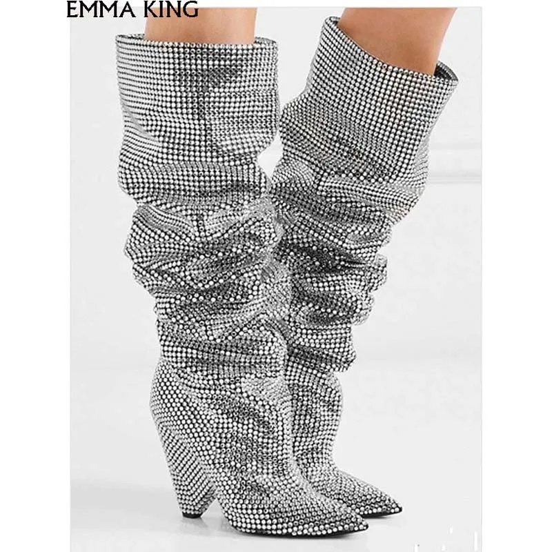2019 Newest Luxury Crystal Pointy Toe Knee High Boots Sexy Strange Heel Boots Bling Ladies Rhinestone long Boots women Heels 2019 Newest Luxury Crystal Pointy Toe Knee High Boots Sexy Strange Heel Boots Bling Ladies Rhinestone long Boots women Heels