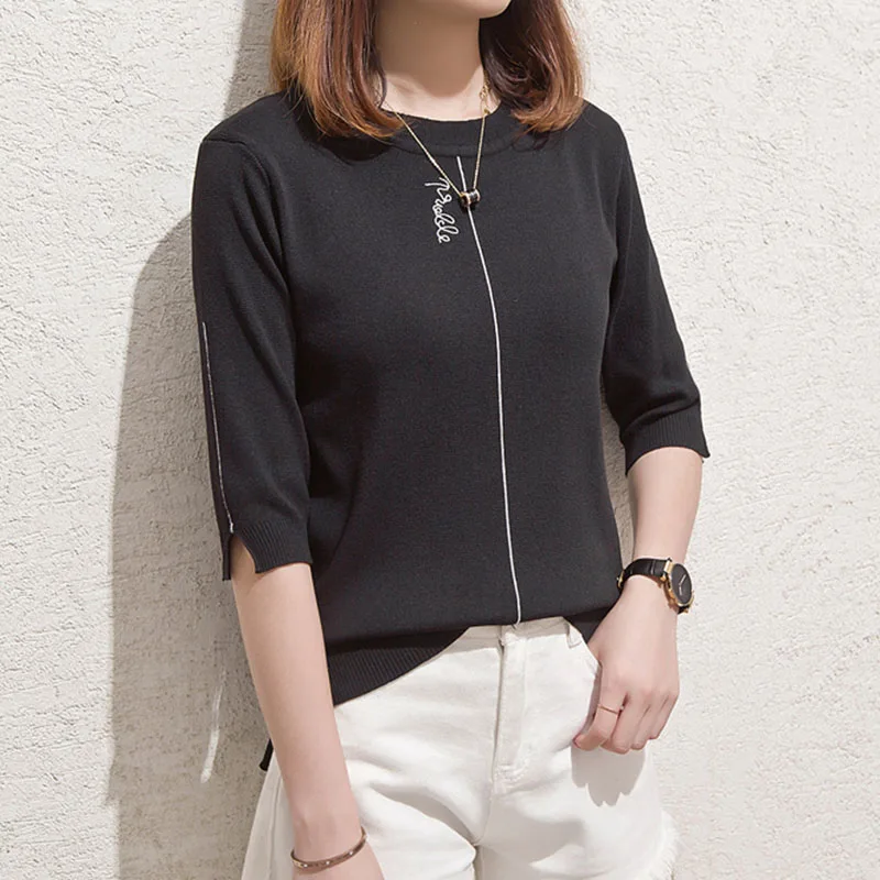 Pullover Sweater Woman 2018 Autumn New Arrival Knitted Sweaters Half Sleeve O-Neck Letter Female Sweater Pullover Pull Femme Pullover Sweater Woman 2018 Autumn New Arrival Knitted Sweaters Half Sleeve O-Neck Letter Female Sweater Pullover Pull Femme