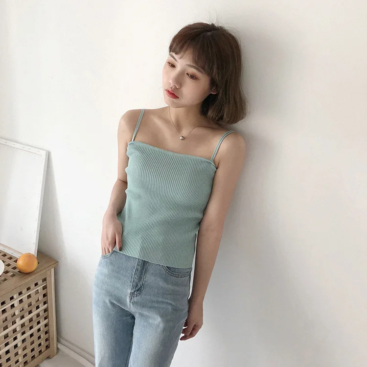 Яркие цвета Трикотажная майка на бретельках Женские Короткие топы Tamls Camis Camisole tank Moda Mujer вязаная футболка без рукавов жилет - Цвет: green tank