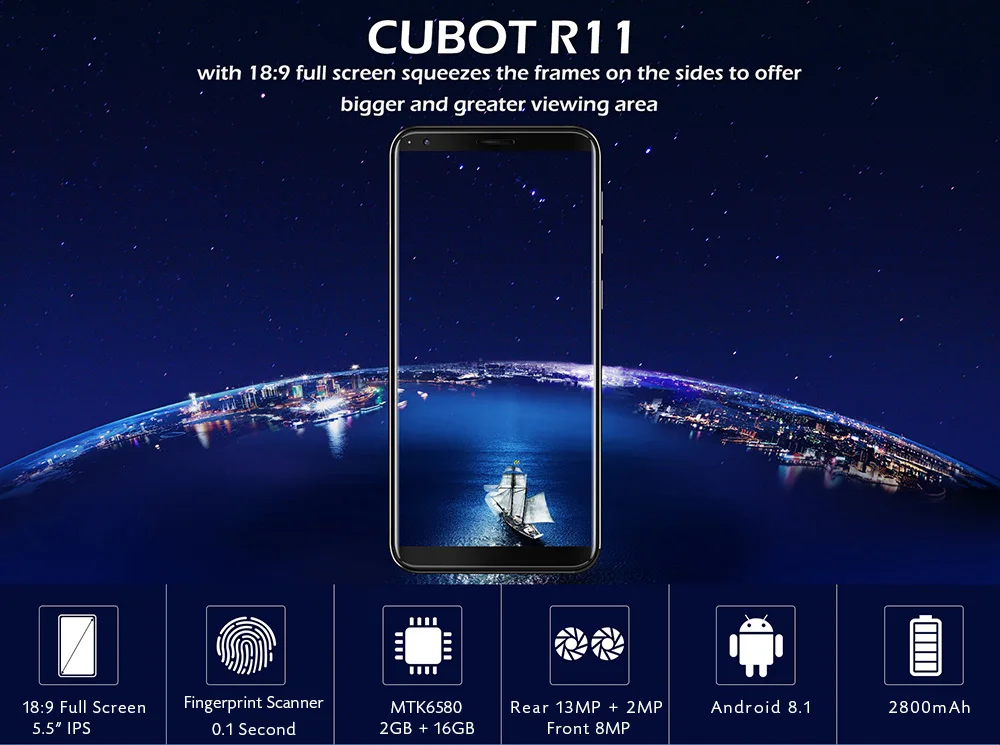 Отремонтированный смартфон CUBOT R11 3g, Android 8,1, 2 Гб ОЗУ, 16 Гб ПЗУ, 5,5 дюймов, MTK6580, 1. 3G Гц, четырехъядерный, отпечаток пальца, мобильные телефоны