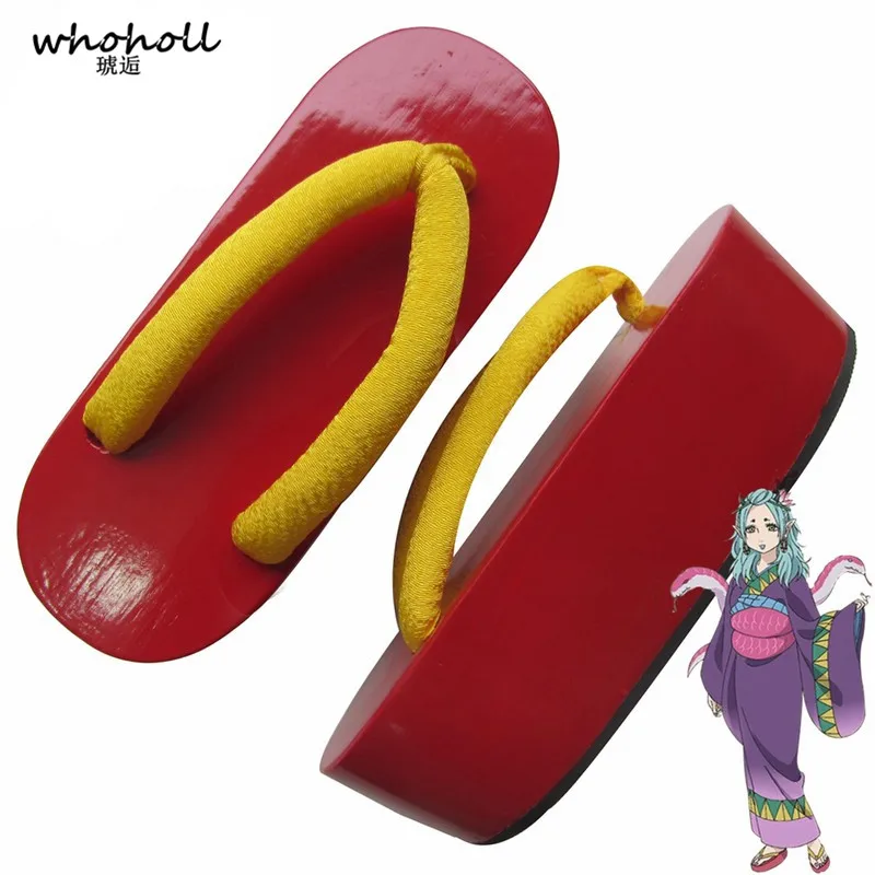 

Cosplay Geta Anime Hoozuki No Reitetsu Wooden Clogs Cosplay Red Lacquer Boat Type Yellow Belt Thick Bottom Women Flip-flops
