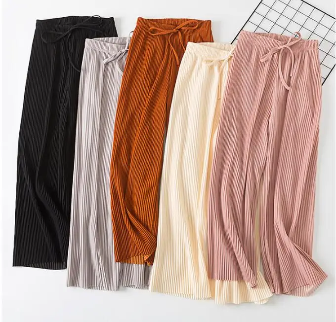 

2019 Spring Summer New High Waist Pleated Chiffon Wide Leg Pants ElasticCasual Loose Pants Thin Ankle-length Trousers Women