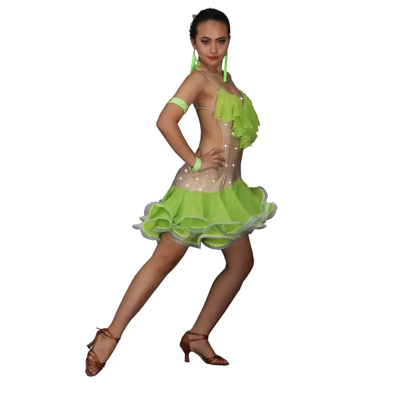 Новые женские костюмы для латинских танцев, костюмы для состязаний, элегантные танцевальные платья es, флуоресцентная зеленая рыба, юбка с костями