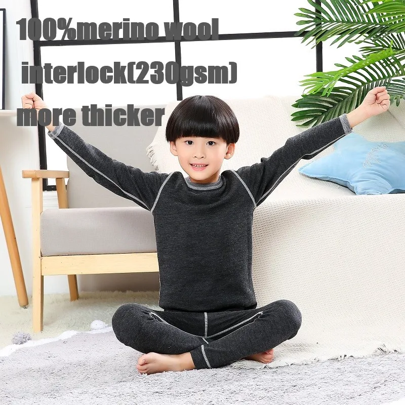 

100% Merino wool thermal kids underwear set clothes pajamas kids Soft Non itchy unisex boys girls