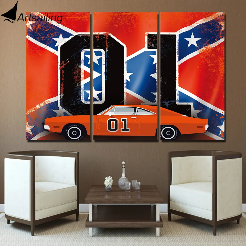 Online Artsailing HD Stampato 3 Pezzi di Arte della Tela Rosso Auto Con X Flag Stampe Su Tela Stampa di Foto Poster e Stampe Per decorazione della parete