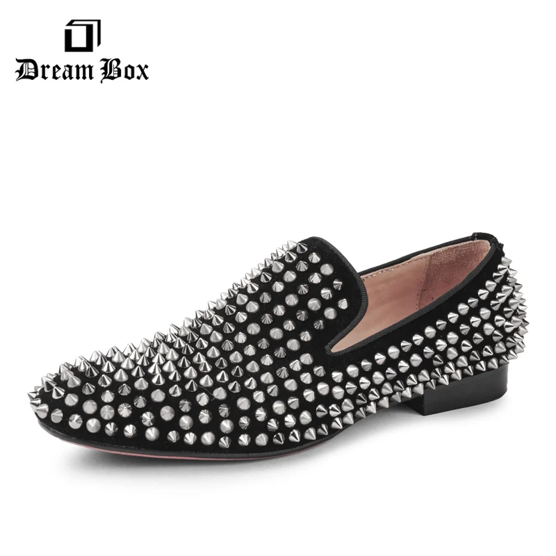

Handmade men black nubuck leather shoes with silver rivet Fashion CL same style men loafers red bottom men's flats Size US 5-9.5