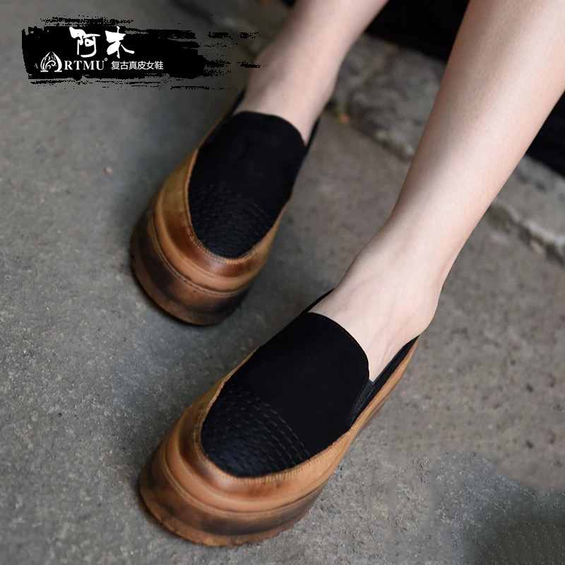 

Artmu Fashion Flat Platform Women Shoes Spring/Autumn Slip-On Mother Shoes Comfort Loafers Handmade Genuine Leather Shoes