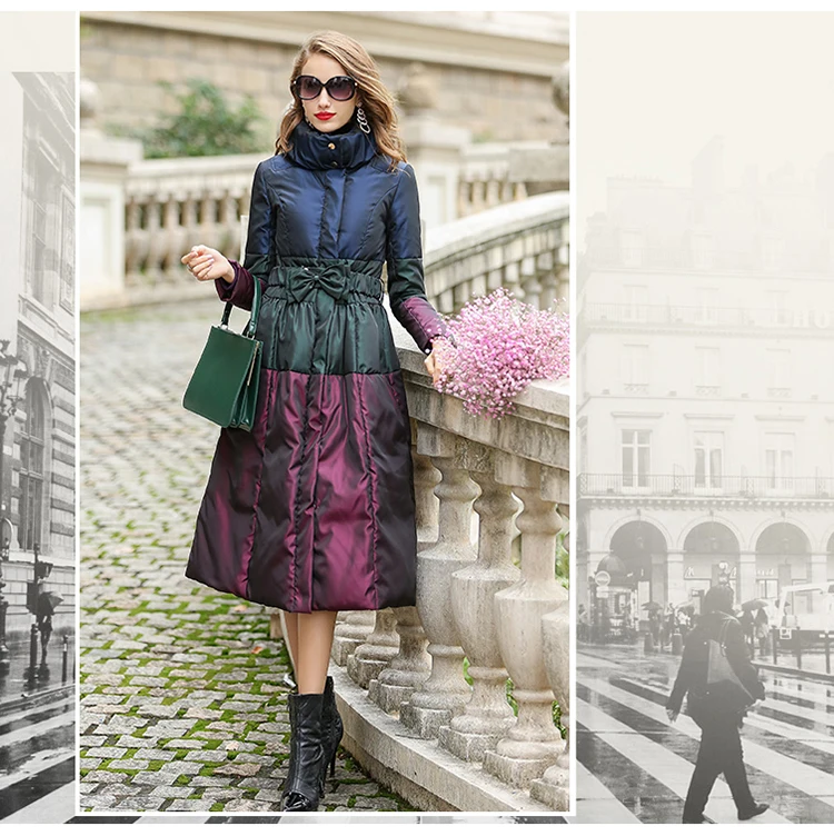Зимний длинный женский пуховик, новинка, модное пальто выше колена со стоячим поясом, цветная Женская куртка, большой размер HJ175