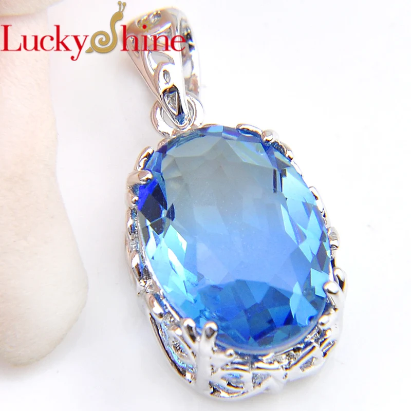 

Luckyshine Oval Ocean Blue Bi-Colored Tourmaline Crystal Zirconia Silver Pendant Necklace Women Holiday Gift Wedding Pendant