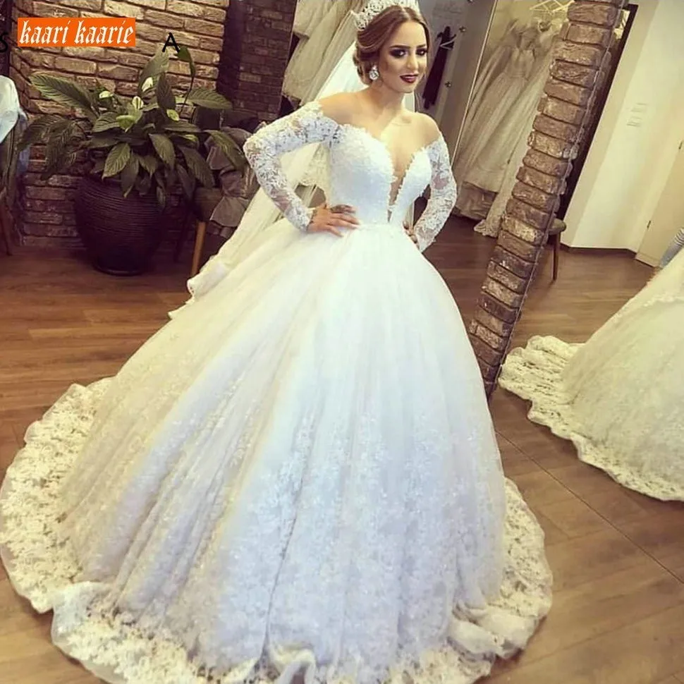 

Luxury Lace Appliques Ivory Ball Gown Wedding Dresses Long Sleeve Customized White Wedding Gowns Luscious Princess Bridal Dress
