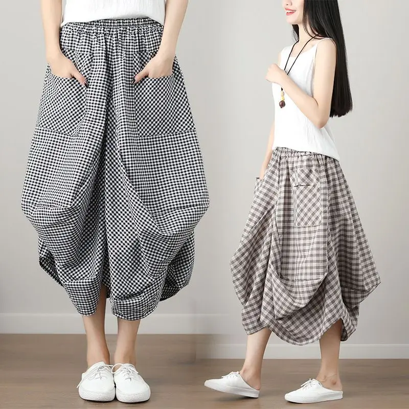 New Irregular Fold Plus Size Skirt Pockets Vintage Plaid Lantern skirt ...