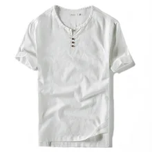 Новое поступление мужские рубашки льняные модные крутые с коротким рукавом в китайском стиле без воротника сплошной цвет Мужская одежда пуловер Топы