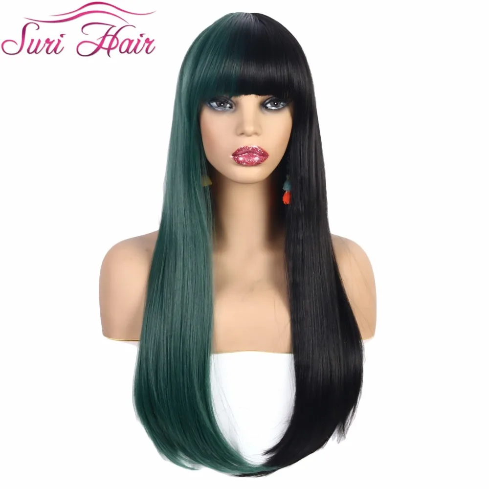 Suri Hair Long Straight Synthetic Wigs Half Green Half Black Color Women Wig With Bangs Cosplay Heat Resistant African American Synthetic None Lace Wigs Aliexpress