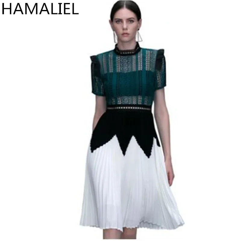 

HAMALIEL New Self Portrait Dress 2018 Runway Spring Green Patchwork White Hollow Out Lace Stand Collar Pleated Party Women Dress