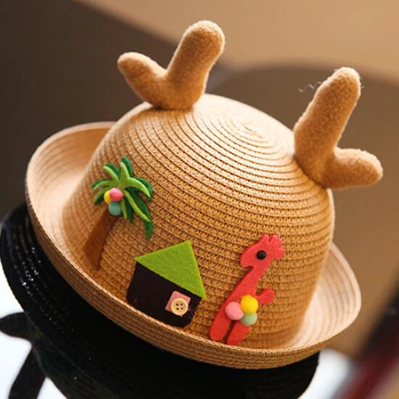 Kids Summer Straw Hat Cute Cartoon Pattern Antler Sunshade Solid Color Beach Hats Sun Protection Short Brim Children Travel Cap1