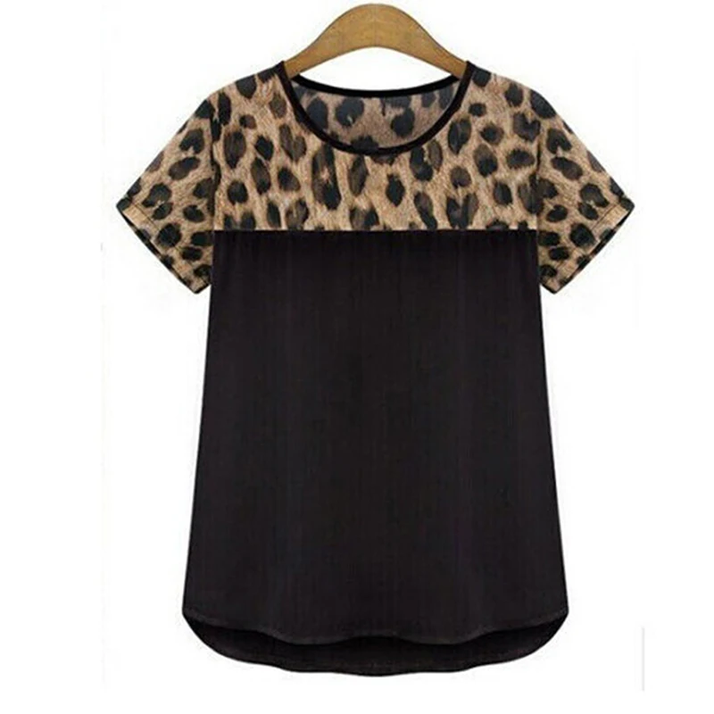 Модная Новая женская летняя футболка Леопардовый принт пэтчворк Дизайн Милая шифоновая Футболка короткий рукав Топ Женская Повседневная футболка - Цвет: black
