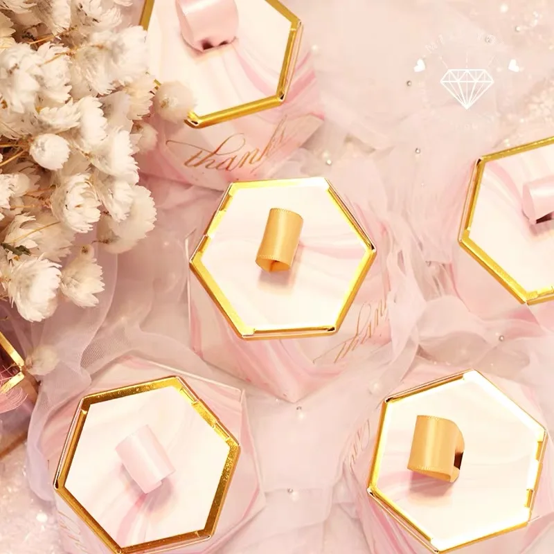 50 шт. новая шестиугольная розовая золотая коробка со свадебными сувенирами и подарками вечерние сувениры подарок коробка