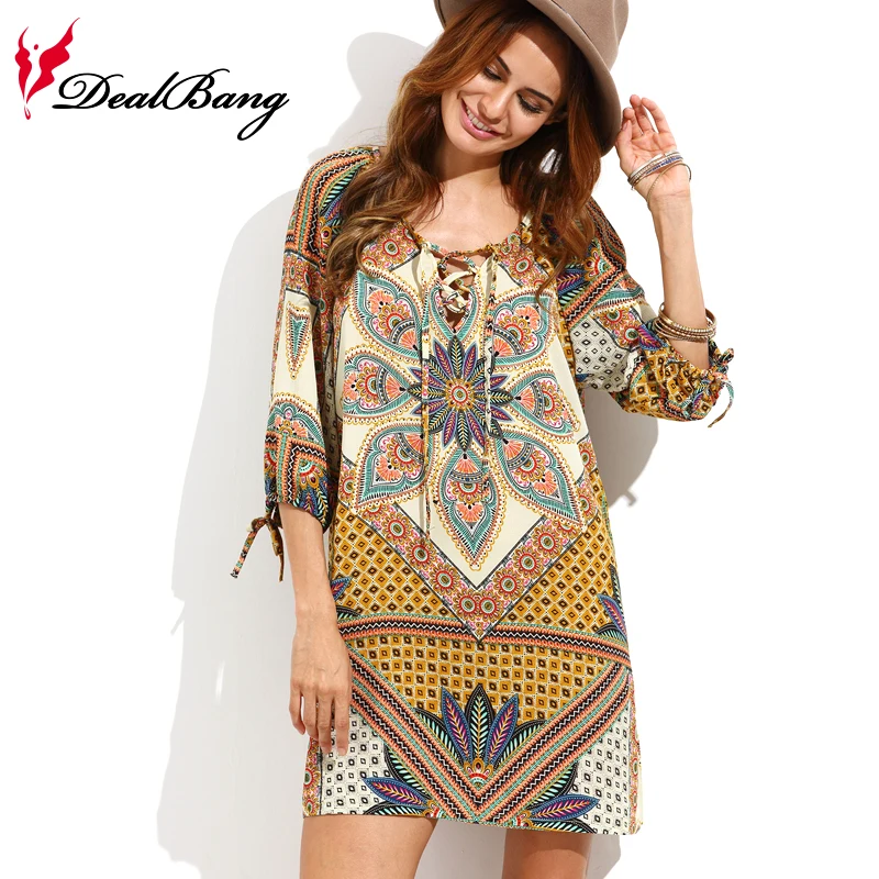DealBang Summer Beach Bar Women Sexy Bohemian Dress 2017 New Madam O-Neck Print 3/4 Sleeves Mini Loose Dresses | Женская одежда