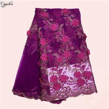 

Populor 3D flower design party dress cloth french net fabric with beads for sewing KN42(5yards/lot)
