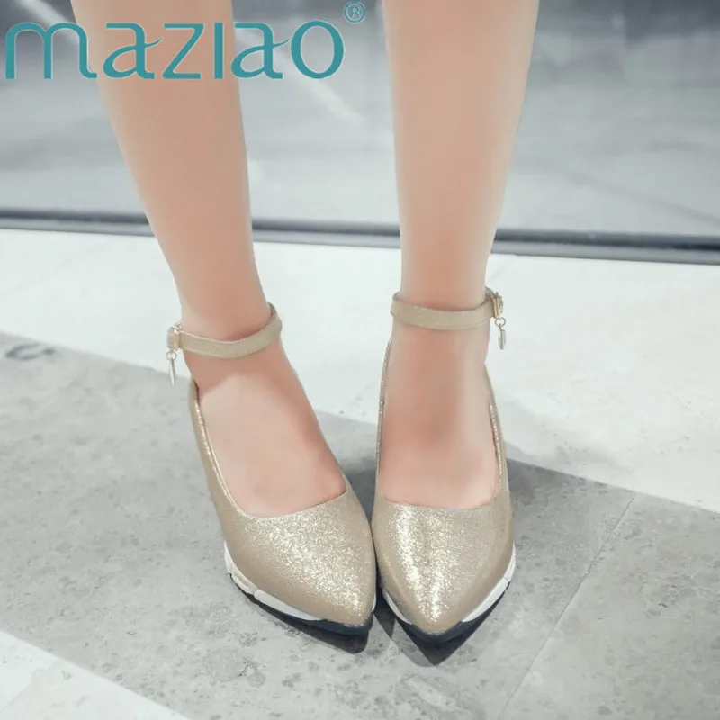 

MAZIAO Sequined Cloth Platform Wedges Ankle Strap Fashion High Heel Shoes Wedge Heels Pointed Toe Lady Shoes Womens Shoes