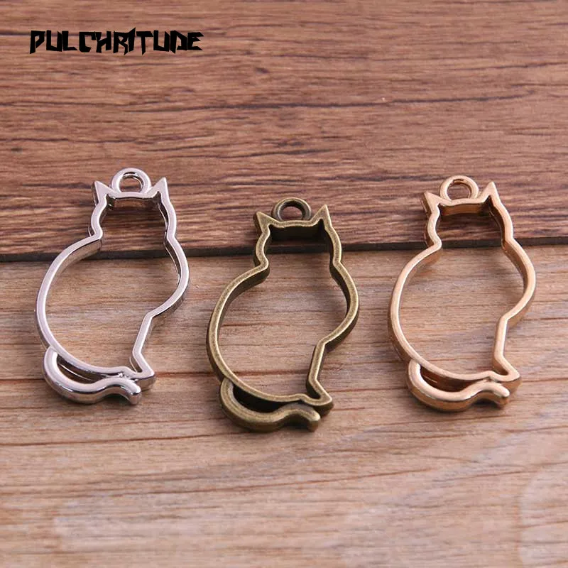 

PULCHRITUDE 6pcs 19*36mm Three Color Alloy Jewelry Accessories Cat Charm Hollow Glue Blank Pendant Tray Bezel 12B26