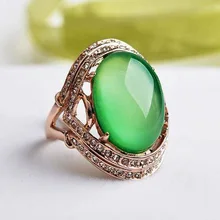 Retro Luxury Natural Stone Big Opal Green Stone chrysoprase Rings with Austrian Crystals Women Party Jewelry