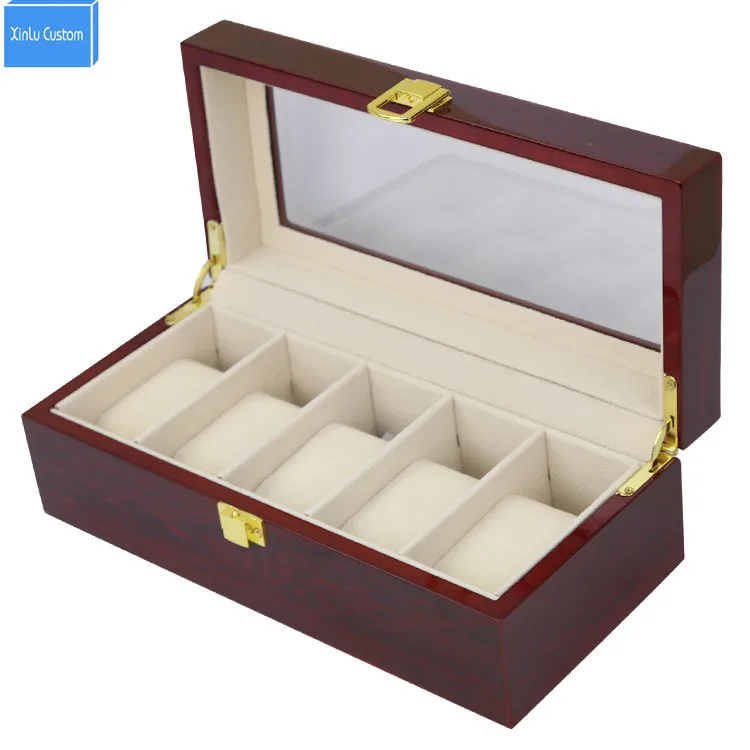 5 Grids Men's Big Watch Box&Case Luxury Wood Glossy Lacquer Display