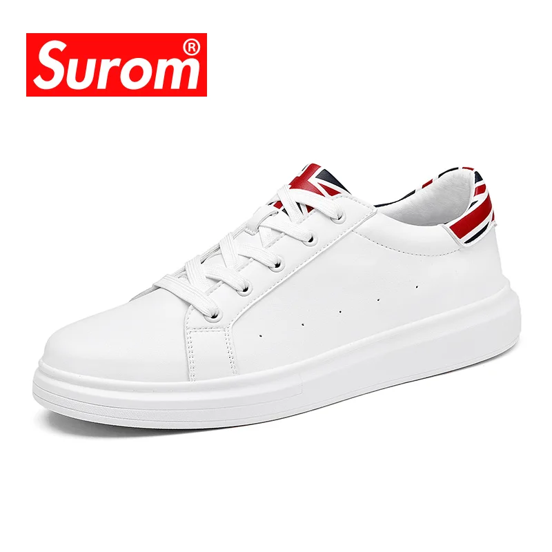 En Ligne SUROM Marque Appartements Hommes Chaussures Noir Blanc Couleur Mâle Casual Sneakers Lace up Synthétique En Cuir Loisirs Chaussures tenis masculino adulto