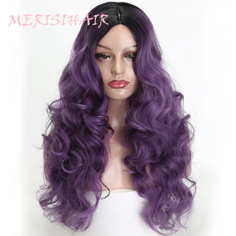 Merisi Hair 24 Inch Purple Long Water Wave Wig Female Models Black