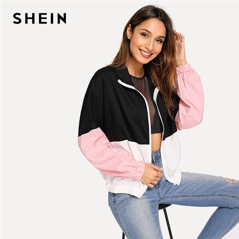 discounted  SHEIN Multicolor Elastic Hem Color Block Windbreaker Jacket Women Summer Autumn Long Sleeve Sportin